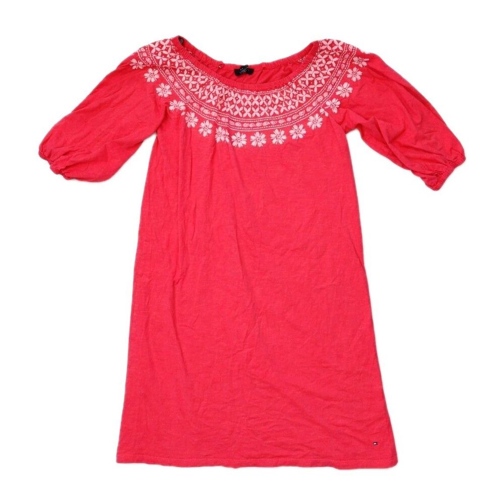 Tommy Hilfiger Pink Off Shoulder White Floral Embroidered Neckline Dress Sz M